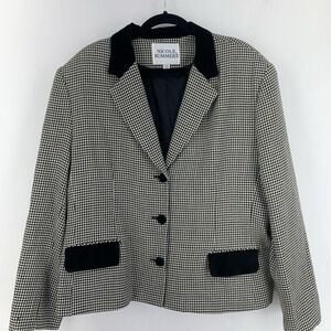 Vintage Nicole Summers 20 Houndstooth Blazer Black White Velvet Trim Classic